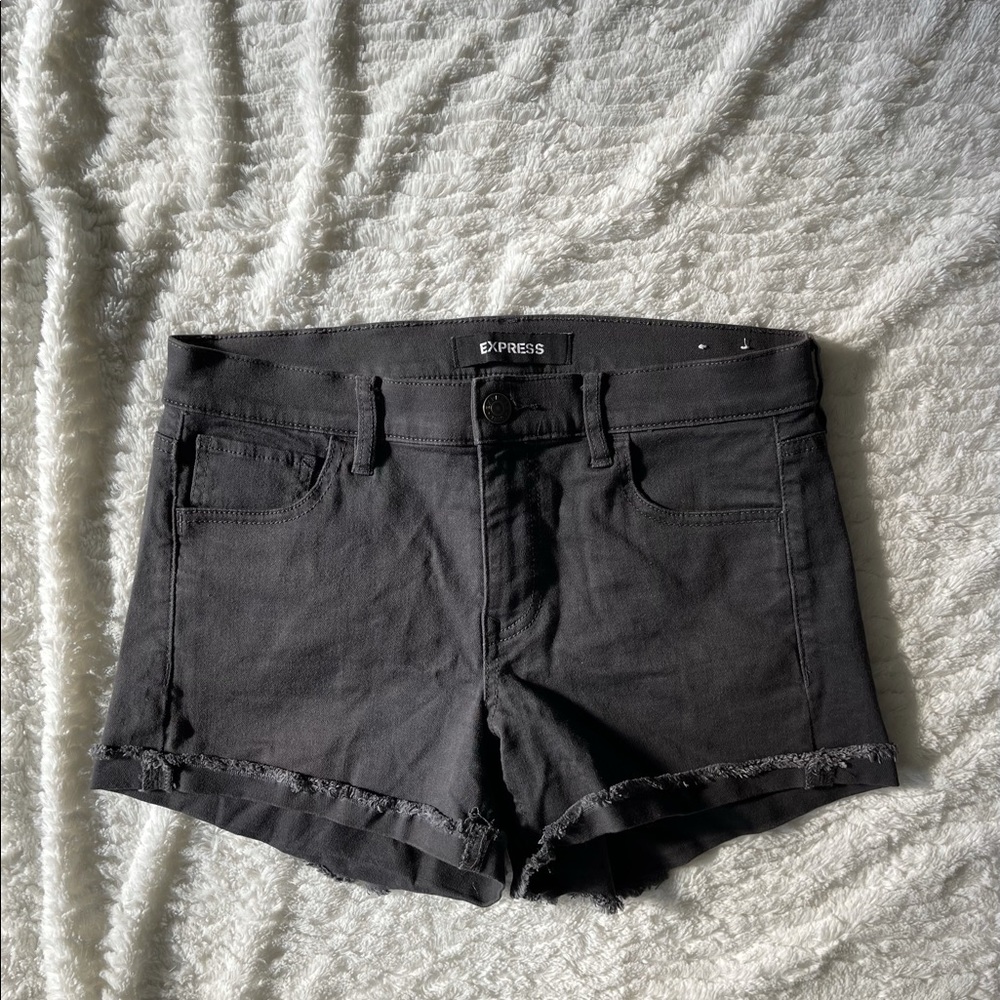 EXPRESS Black Mid Rise Frayed Denim Shorts